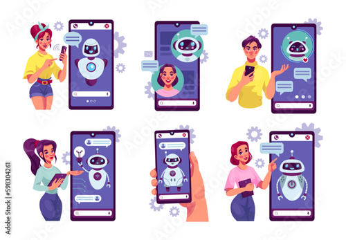 Chat bot. AI robot. People with smartphones. Chatbot technology for customers support. Digital text assistant. Mobile assistance app. Phone android character. Vector tidy concepts set