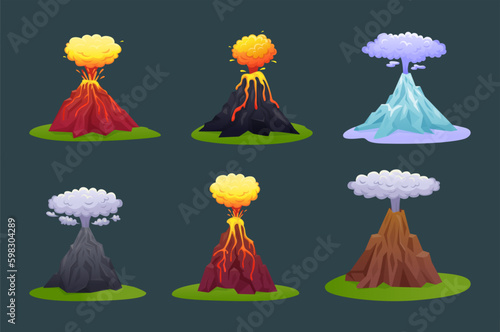 Volcano eruption. Volcanic lava. Erupting ash and magma. Active explosion with smoke and clouds in mountain. Natural disaster. Landscape elements set. Vector tidy cartoon illustration