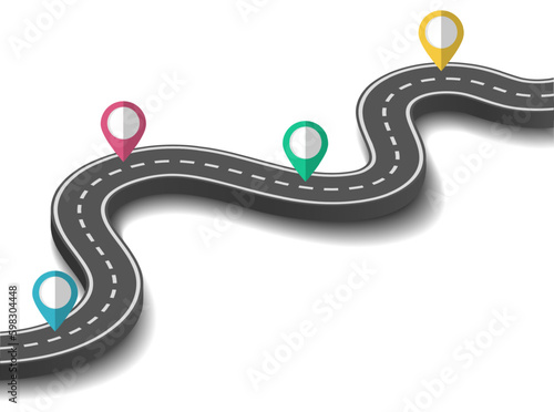 Winding road map for journey. Location pins. Transport speedway. Asphalt highway track. Success or progress curve way for timeline infographic. Vector current car transportation background photo