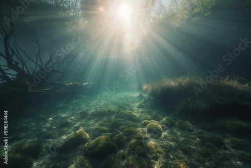 Underwater landscape with sun rays shining through, in a river or sea. Generative AI