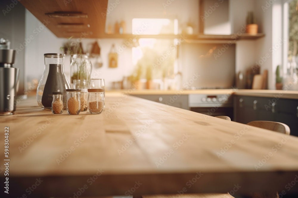 Blurred kitchen background with wooden table. Illustration. Generative AI