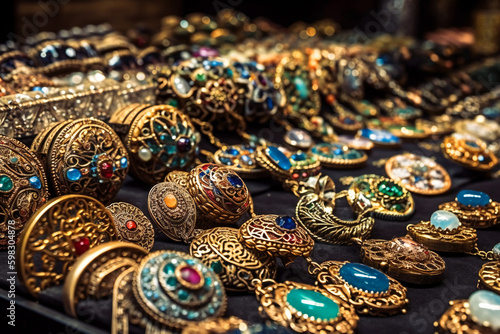 Oriental jewelry in a middle east bazaar. Created with Generative AI technology.