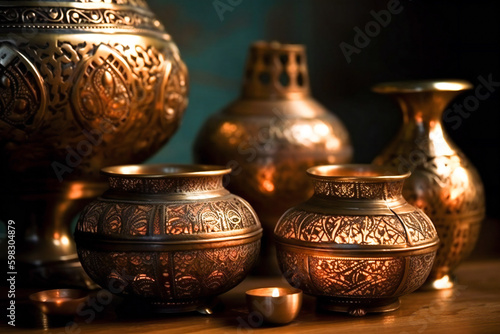 Oriental or ottoman metalwork and craft, filigree pots or lanterns close up in a middle east bazaar. Created with Generative AI technology.
