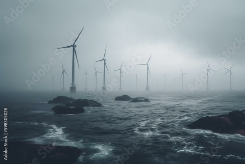 Offshore wind turbines on a misty day. Emphasizes the use of renewable energy. Generative AI