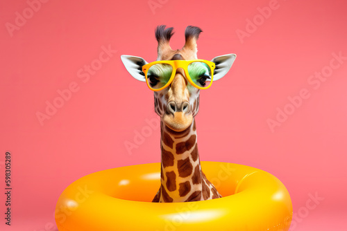 A giraffe ready for a summer vacation with sunglasses and an inflatable rubber ring. Generative ai Generative AI