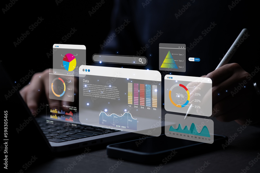 Fototapeta premium Key Performance Indicator (KPI) using Business Intelligence (BI) metrics to measure achievement versus planned target, person touching screen icon, success.