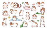 Guinea Pig Poses Isolated Vector Icon Set. Domestic Pet rodents collection. Cute Cartoon Hamster or Guinea Pig Illustrations Collection.
