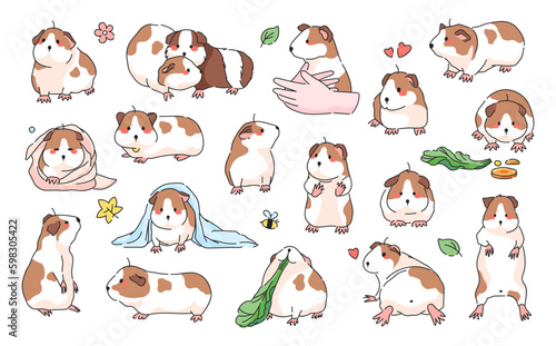 Guinea Pig Poses Isolated Vector Icon Set. Domestic Pet rodents collection. Cute Cartoon Hamster or Guinea Pig Illustrations Collection. 