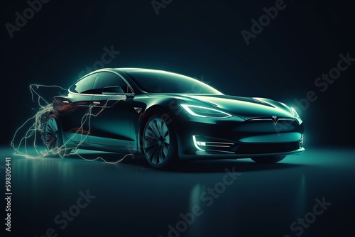 Charging electric car on dark background. Eco-friendly concept. Mockup. 3D rendered. Generative AI
