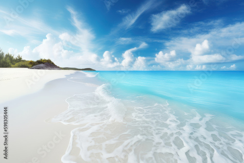 Tropical beach with blue sky and white clouds background. Summer vacation and travel concept. Generative ai. © tonktiti