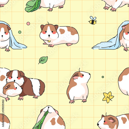 Guinea pig seamless pattern. Cute background with guinea pigs in different poses in cartoon modern style. Decorative patterns for print, fashion, wallpaper, kids clothes,. Vector illustration.
