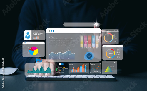 Key Performance Indicator (KPI) using Business Intelligence (BI) metrics to measure achievement versus planned target, person touching screen icon, success.
