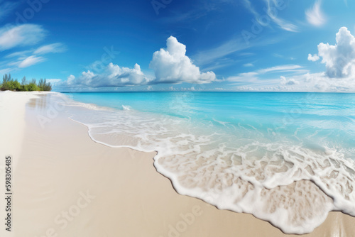 Tropical beach with blue sky and white clouds background. Summer vacation and travel concept. Generative ai.