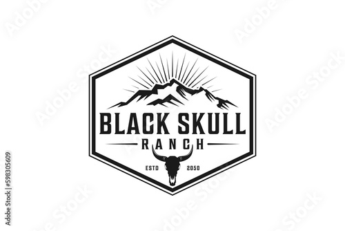 Mountain ranch logo design cow skull silhouette illustration rocky mountain hill