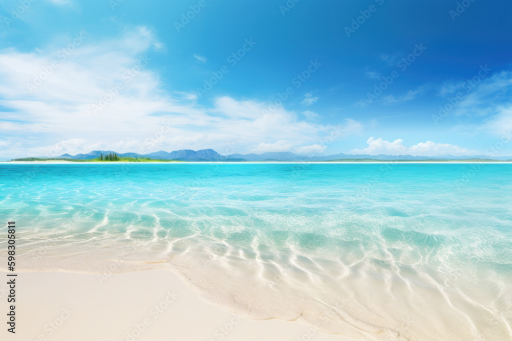 Obraz premium Tropical beach with blue sky and white clouds background. Summer vacation and travel concept. Generative ai.