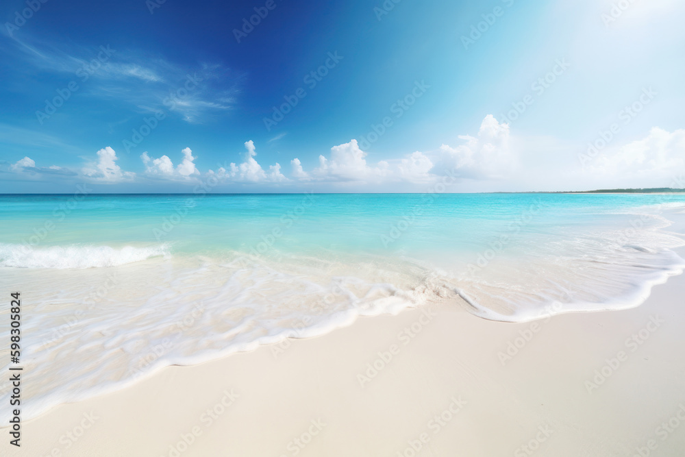 Tropical beach with blue sky and white clouds background. Summer vacation and travel concept. Generative ai. Tropical beach with blue sky and white clouds background. Summer vacation and travel concept. Generative ai.