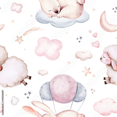Watercolor pattern for children with sleeping sheep and bunny. Rabbit print for baby fabric, poster pink with beige and blue clouds, moon, sun. Nursery print illustration textile