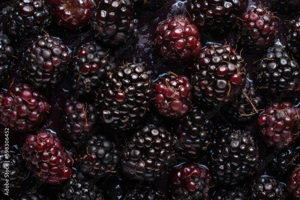 Fresh blackberries with water droplets adorned on the surface. Created with Generative AI Technology. Fresh blackberries with water droplets adorned on the surface. Created with Generative AI Technology.