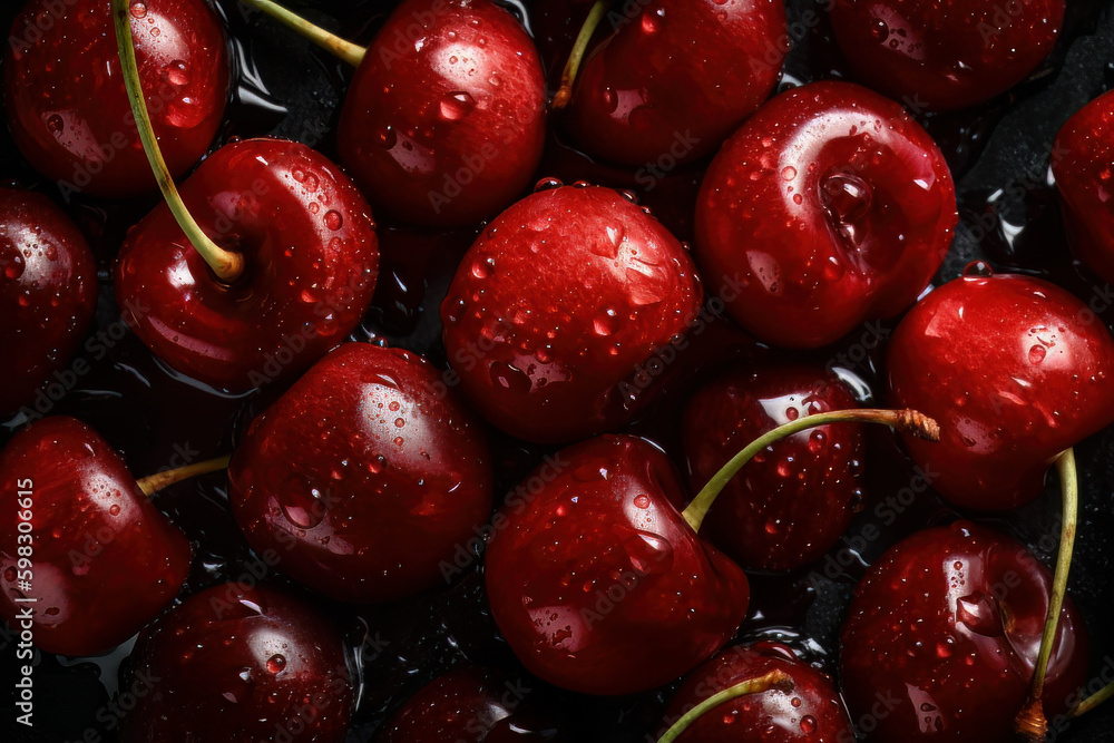 Fresh cherries with water droplets adorned on the surface. Created with Generative AI Technology. Fresh cherries with water droplets adorned on the surface. Created with Generative AI Technology.
