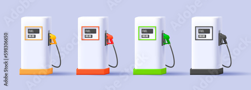 Set of gas station equipment, white 3d render illustration with colorful gas guns, digital icon render style