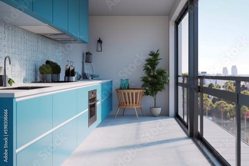Modern kitchen with balcony, clean minimalistic interior design, light blue and white colors. Super photo realistic background, generative ai illustration. © Anna