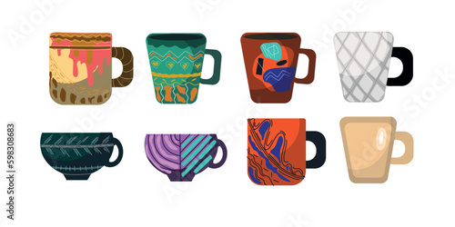 Set of modern cups, cartoon teacup vector illustration. Collection for tea ceremony party or breakfast, circle, line, hand drawn pattern on cup .
