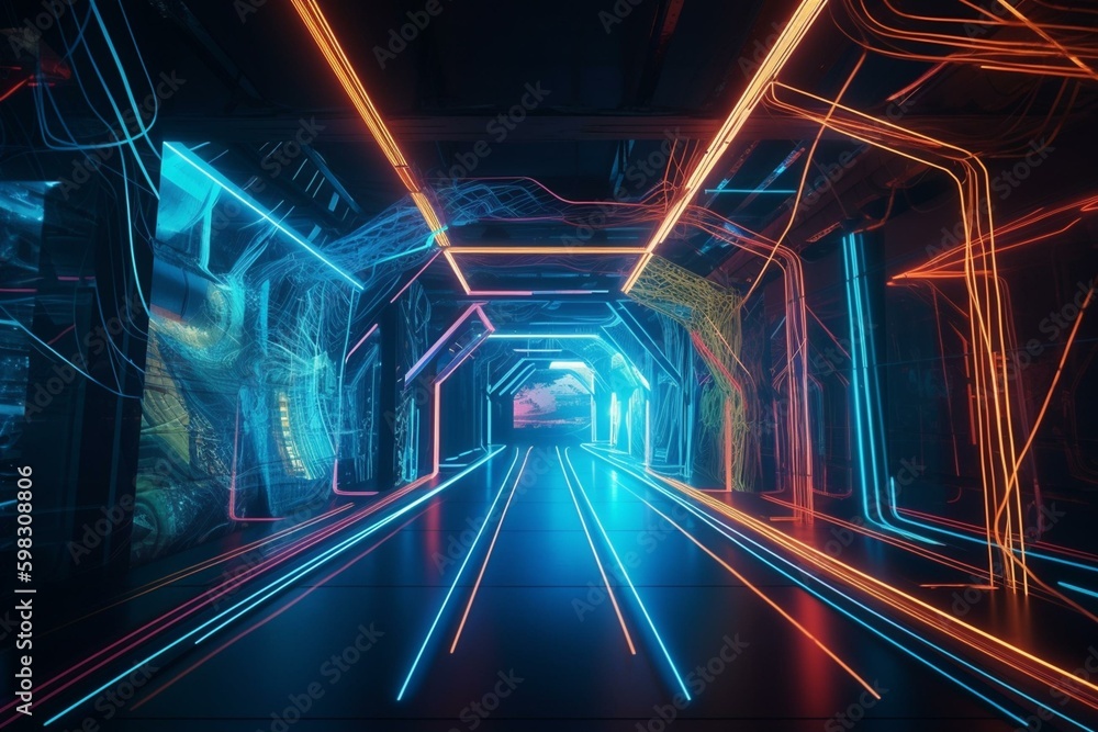 3d tunnel of neon lines. Generative AI