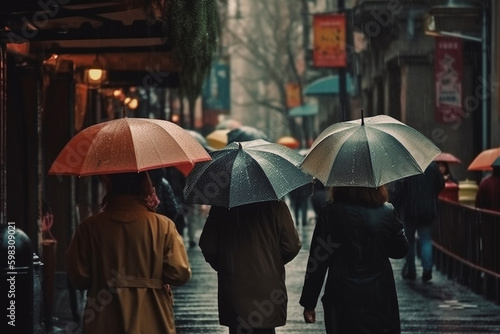 People walking on city streets with umbrellas on a rainy day. Ai generated.