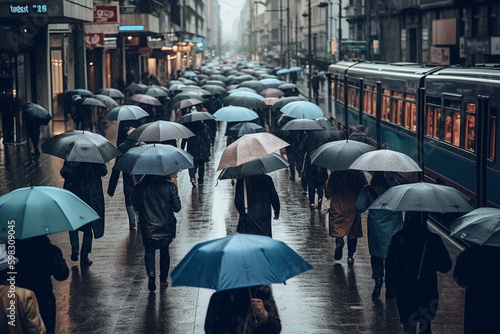 People walking on city streets with umbrellas on a rainy day. Ai generated.