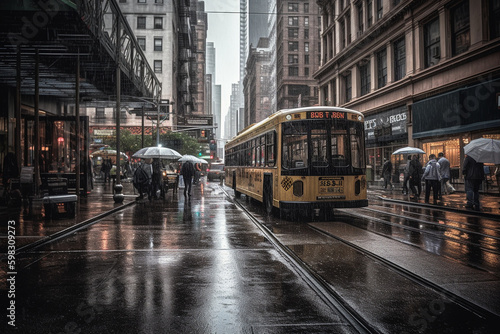 People walking on city streets with umbrellas on a rainy day. Ai generated.