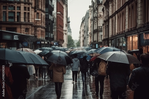 People walking on city streets with umbrellas on a rainy day. Ai generated. © ankreative