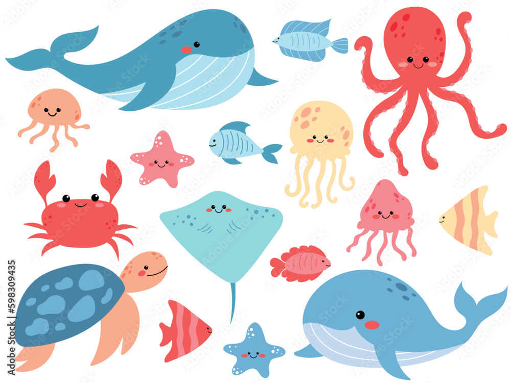 Fish and wild sea animals isolated on white background. Inhabitants of the sea world, cute, funny underwater creatures whales, sea crabs, sea turtles, jellyfish, fish, rays, octopus. Flat cartoon. Fish and wild sea animals isolated on white background. Inhabitants of the sea world, cute, funny underwater creatures whales, sea crabs, sea turtles, jellyfish, fish, rays, octopus. Flat cartoon.