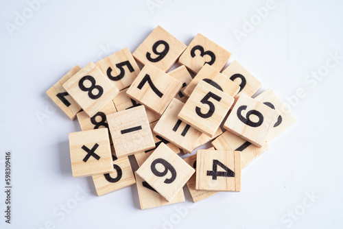 Math number wooden on white background, education study mathematics learning teach concept.