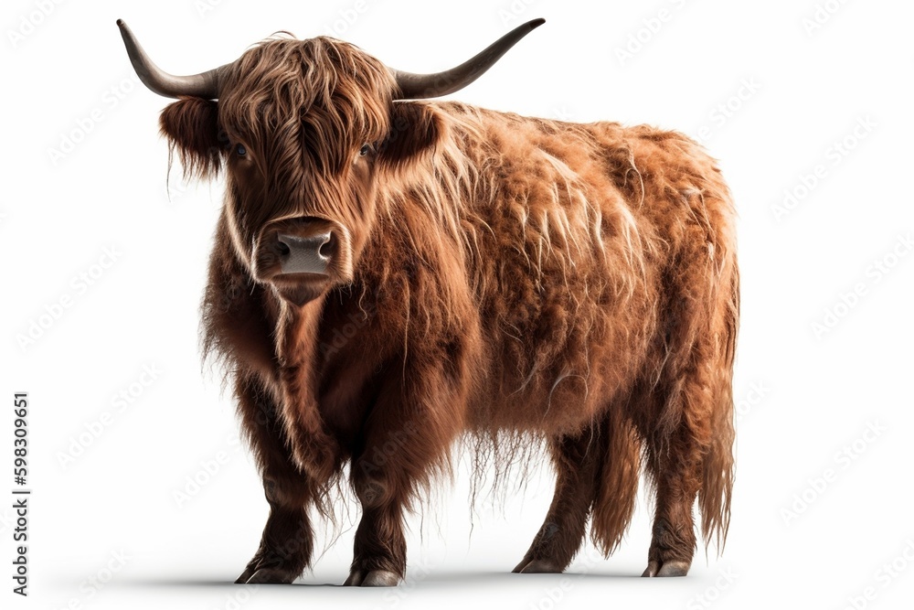 Highland cow on white background, created with generative AI Highland cow on white background, created with generative AI