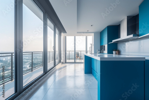 Modern kitchen with balcony  clean minimalistic interior design  light blue and white colors. Super photo realistic background  generative ai illustration.