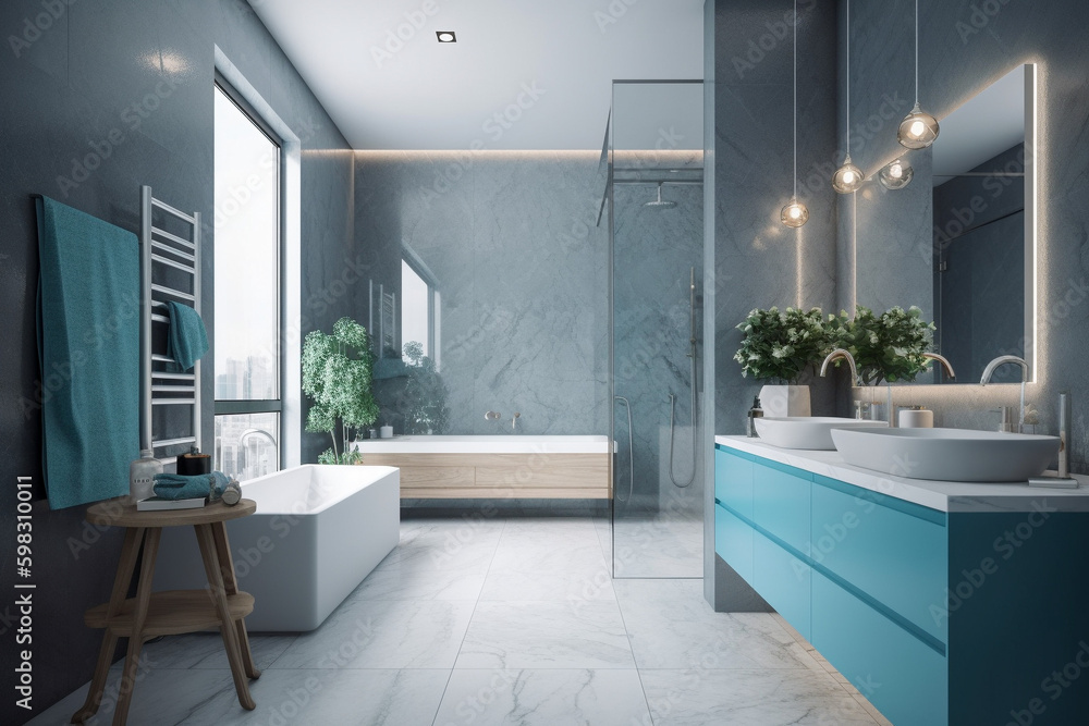 Modern bathroom, clean minimalistic interior design, light blue and white colors. Super photo realistic background, generative ai illustration. Modern bathroom, clean minimalistic interior design, light blue and white colors. Super photo realistic background, generative ai illustration.