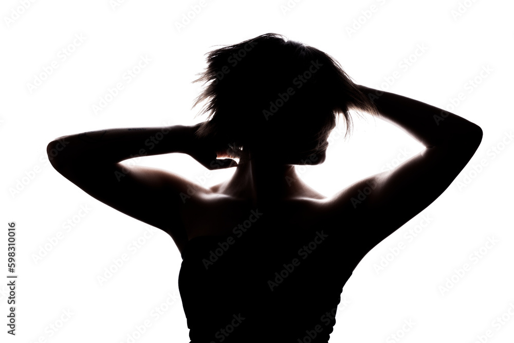 Silhouette portrait of a girl with short hair and hands up. Isolated against white background. . Silhouette portrait of a girl with short hair and hands up. Isolated against white background. .