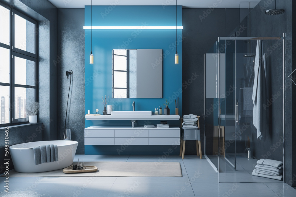 Fototapeta premium Modern bathroom, clean minimalistic interior design, light blue and white colors. Super photo realistic background, generative ai illustration.