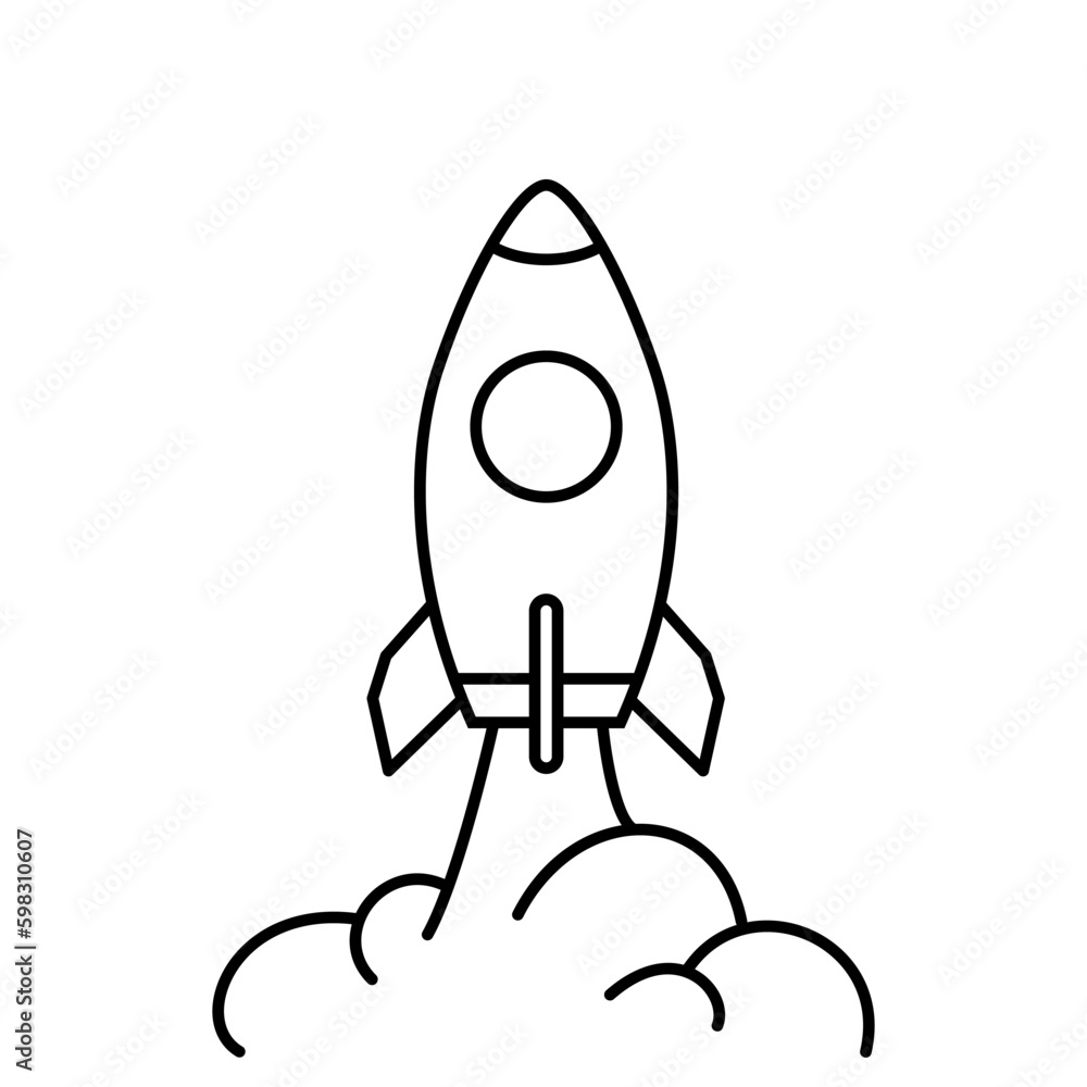 The space rocket takes off. Vector line graphic icon isolated on white. The space rocket takes off. Vector line graphic icon isolated on white.