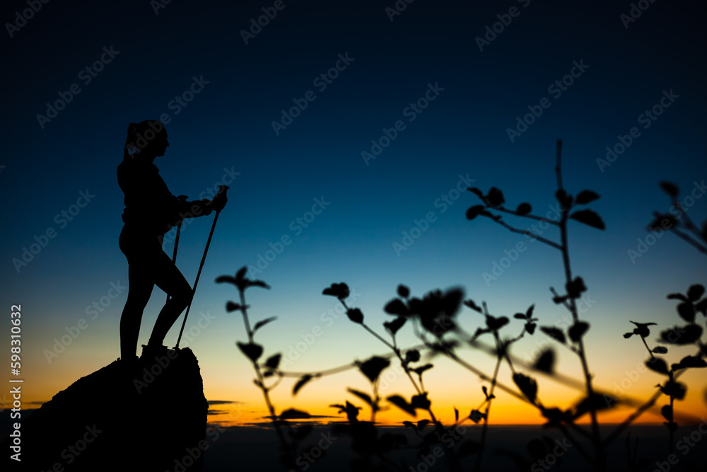 Silhouette of a hiker girl on a rock pedestal with hands up. Beautiful orange sunset on blue sky. Tree branches with leaves in the foreground.