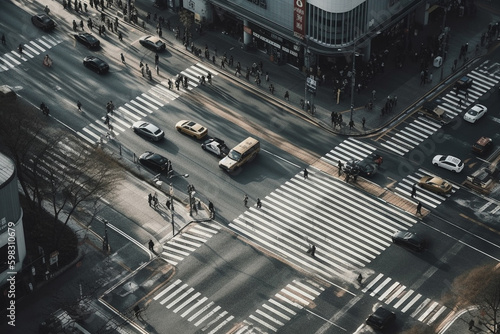 A busy intersection with people crossing in a big city. Ai generated. © ankreative