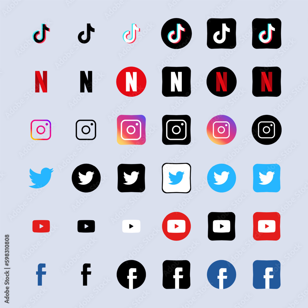 Facebook, instagram, twitter, YouTube, tiktok, netflix logo. Logotype