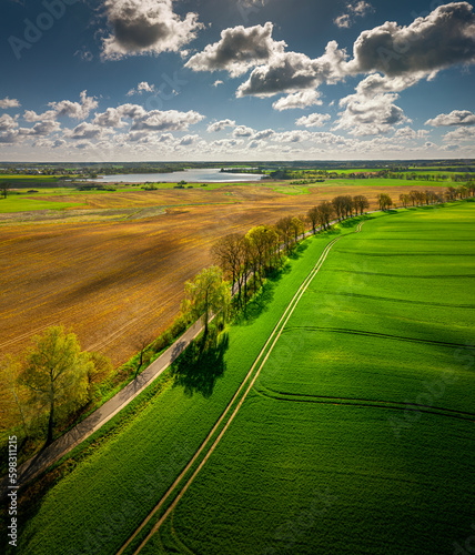 Fototapeta Naklejka Na Ścianę i Meble -  Warmia and Mazury - spring agricultural landscape Linowo near Olsztyn. Lake Linowskie in the distance