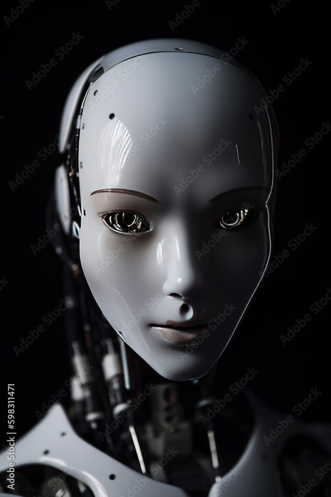 Humanoid robot woman face close-up futuristic modern tech assistance. Future digital technology AI artificial intelligence concept Humanoid robot woman face close-up futuristic modern tech assistance. Future digital technology AI artificial intelligence concept