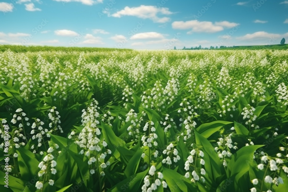 A beautiful image capturing the delicate lilies of the valley flowers, from their natural field setting to a stunning bouquet. Ai generated. A beautiful image capturing the delicate lilies of the valley flowers, from their natural field setting to a stunning bouquet. Ai generated.