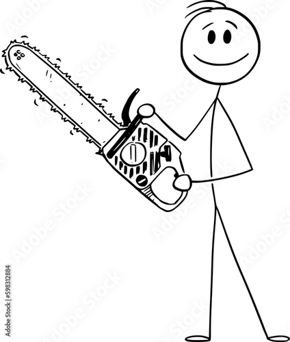 Lumberjack Holding Chainsaw , Vector Cartoon Stick Figure Illustration