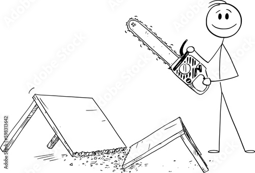 Happy Person With Chainsaw Cut the Table , Vector Cartoon Stick Figure Illustration