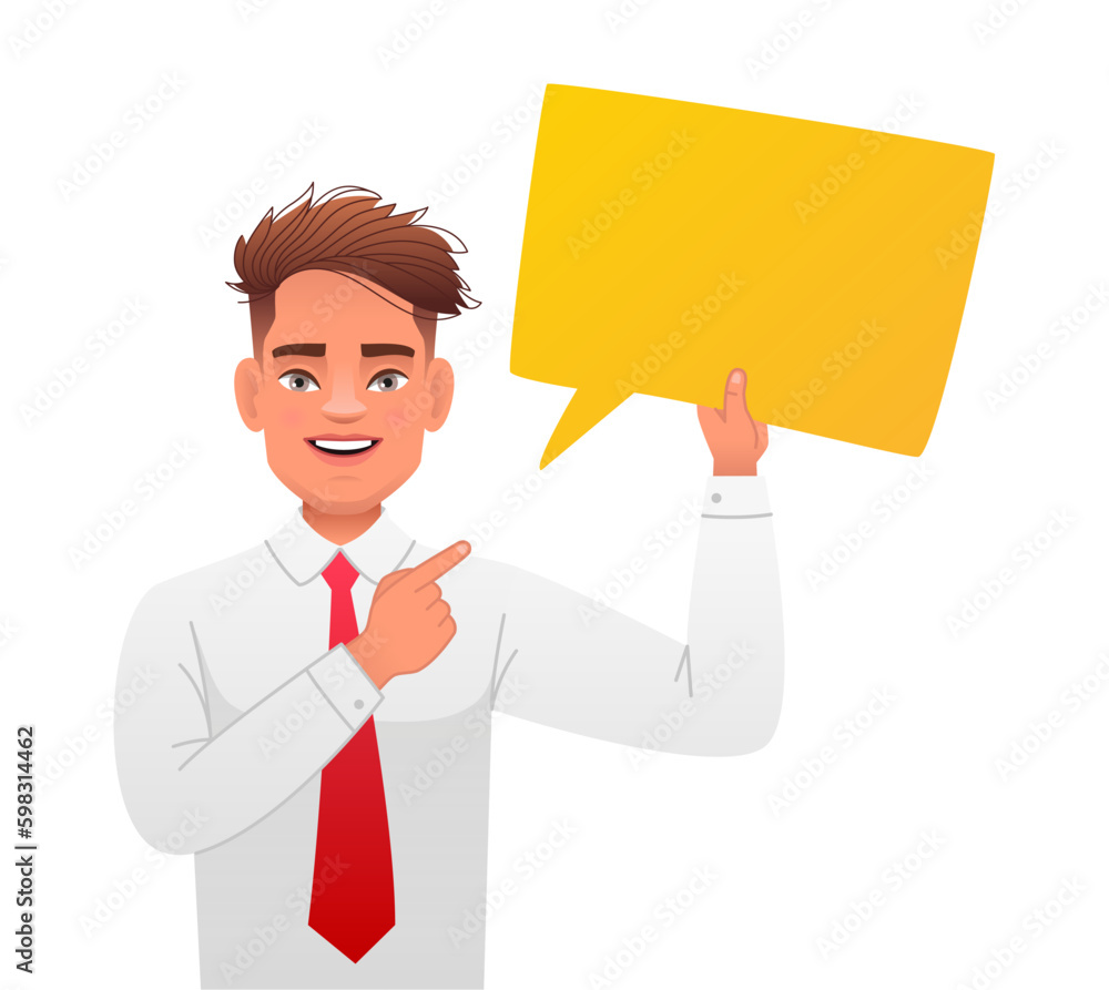 Young white guy in a gray shirt with a red tie points to a yellow empty rectangular speech bubble. The concept of personal opinion. Vector illustration Young white guy in a gray shirt with a red tie points to a yellow empty rectangular speech bubble. The concept of personal opinion. Vector illustration