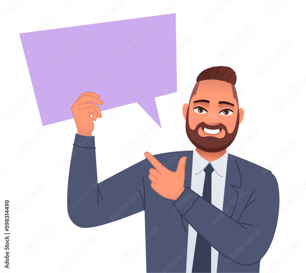 Businessman in a suit holds an empty rectangular speech bubble. The concept of personal opinion. Vector illustration Businessman in a suit holds an empty rectangular speech bubble. The concept of personal opinion. Vector illustration