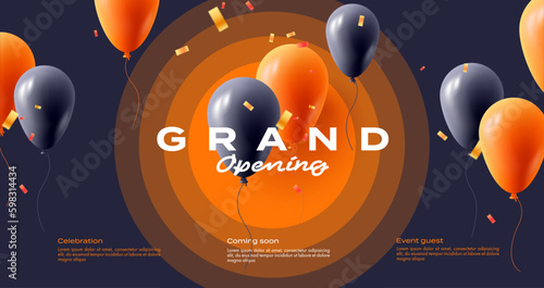 Grand Opening banner with orange and black air balloons and confetti on black and bright circles backdrop